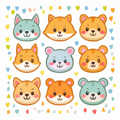 Fototapeta premium Cute cartoon animal faces including cats, foxes, bears, and mice in a grid with a heart border.