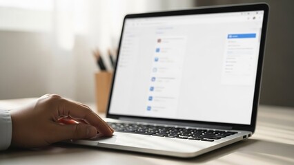 A hand using a sleek, modern silver laptop with a bright white screen displaying a list of icons and text, on a light-colored wooden desk.
