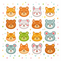 Fototapeta premium Collection of cute cartoon animal faces including cats, bears, and mice in various colors with a playful background.