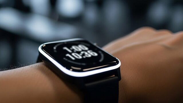 A modern smarch displaying time on a person's wrist, with a blurred background suggesting a gym or fitness environment.
