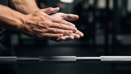 A person's hands covered in chalk, clapping them together before a workout with a barbell in a gym.