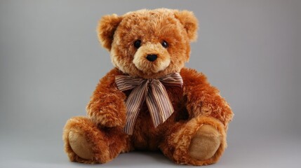 Obraz premium A toy bear made of soft fur sits upright in a neutral setting. Its bow adds a simple touch. The light creates a warm look on its plush body.