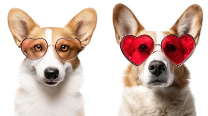 Two corgis pose wearing heart shaped sunglasses. They appear cheerful and playful against a bright background. The scene shows the fun side of these dogs enjoying their day.