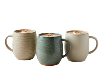 three rustic stoneware mugs filled with steaming hot chocolate and melting marshmallow, featuring textured ceramic and high-contrast volumetric lighting on a transparent background. concept for cozy
