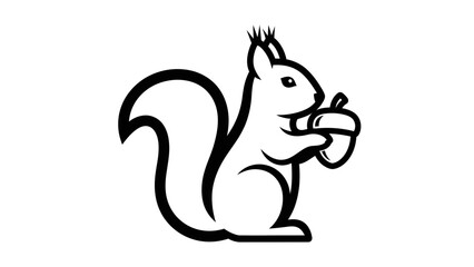 A charming black and white line art illustration depicting a squirrel standing and holding an acorn, showcasing its bushy tail.