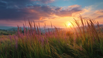 A vibrant sunset can be seen behind distant hills. Tall grass and wildflowers sway gently in the breeze. The warm sunlight creates a colorful sky with clouds.