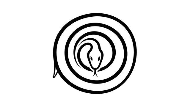 A black and white minimalist line art illustration of a snake coiled into a circular shape, with its head facing forward in the center.
