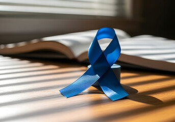 Blue awareness ribbon for colon cancer and foster care support