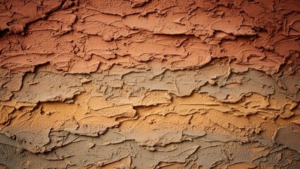 Fototapeta premium Vibrant orange and brown textured wall with peeling paint layers