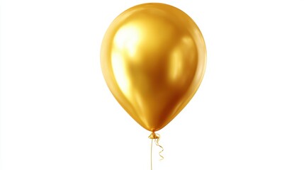 A golden balloon is floating in the middle of a white background. The balloon has a smooth surface and a ribbon attached. No other objects or people are present in this scene.