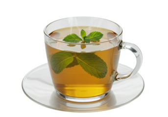 pristine, thin-walled borosilicate glass teacup filled with hot amber-green peppermint tea and floating mint leaves, macro shot on white, high-end beverage advertising concept