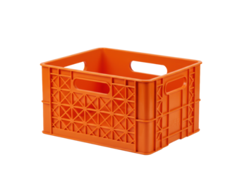 a vibrant safety orange hdpe industrial storage utility crate featuring a structural diamond lattice grid, photographed straight-on against a transparent shadowless backdrop, industrial product