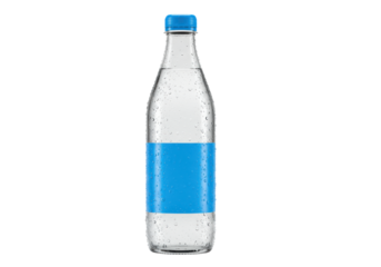 premium mineral water bottle, clear crystalline glass covered in realistic condensation, vibrant electric blue label, isolated on a transparent backdrop with soft rim lighting, concept for beverage