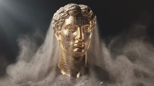 Classical statue bust transforming into a golden digital wireframe mesh with blowing sand particles, art and technology concept