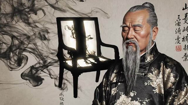 An elderly wise man with a long grey beard sits serenely on a glowing ornate chair. He is enveloped by dramatic black ink splatter abstract art on a textured background.