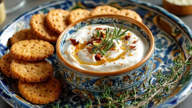 Savory crackers and creamy dip, A plate of savory crackers arranged neatly beside a bowl of creamy dip, ready for serving