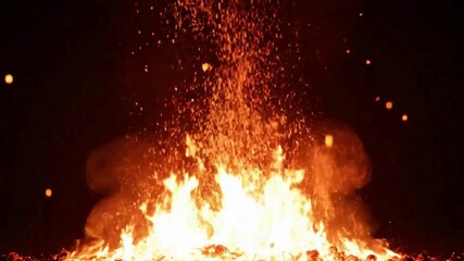 Large bonfire burning at night with bright orange flames and glowing sparks flying into the air, outdoor fire