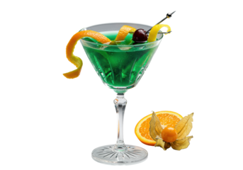 vibrant emerald-green cocktail in a faceted crystal coupe glass, detailed garnish (physalis, orange peel, cherry) and condensation on transparent studio surface. concept for luxury beverage