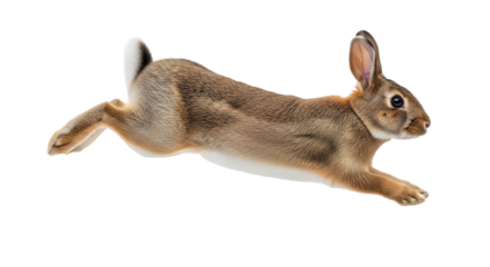 A brown rabbit is jumping quickly on transparent background