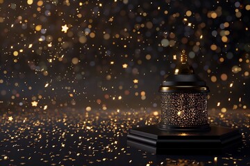 Golden lantern on a black pedestal with sparkling gold glitter background