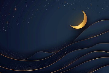 Golden crescent moon shines brightly in a dark blue starry night sky with wavy hills