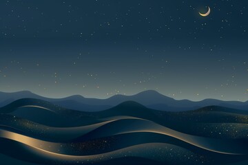 Nighttime desert landscape with crescent moon and starry sky over sandy dunes