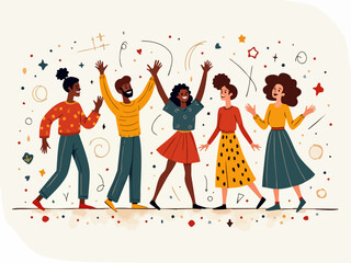 Fototapeta premium Whimsical Doodle of Diverse People Dancing Joyfully in Flat Vector Style
