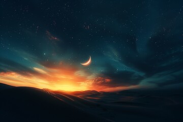 Crescent moon shines brightly in a starry night sky during a vibrant sunset