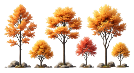 A vibrant autumn landscape with trees and rocks on transparent background