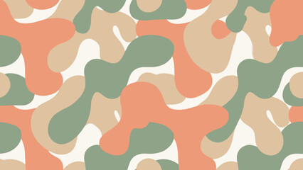 Abstract camouflage pattern, organic wavy shapes, green beige orange off-white tones, visual concealment texture, artistic design, flat vector illustration © Mehebub Creatives