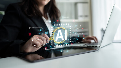 A technical diagram illustrating the core capabilities of Artificial Intelligence. This includes machine learning, robotics, speech recognition, and interactive chatbot technology. Fermion