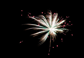 Vivid fireworks illuminate nocturnal sky with shimmering trails and warmth