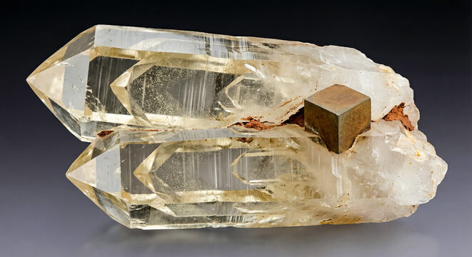 Natural yellow citrine quartz crystal intergrowth featuring distinct internal phantom ghost growth patterns and transparent crystalline structure.