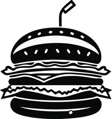 A burger stacked neatly with bun, patty and lettuce, centered composition, flat vector art, simple geometric shapes, solid colors only, thick black outline, no texture, no lighting, white background 2