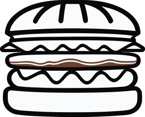 A burger stacked neatly with bun, patty and lettuce, centered composition, flat vector art, simple geometric shapes, solid colors only, thick black outline, no texture, no lighting, white background 3