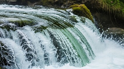 Powerful Rushing Waterfall with White Foam and Crystal Clear Stream - Macro Motion of Fresh River Water in Lush Nature