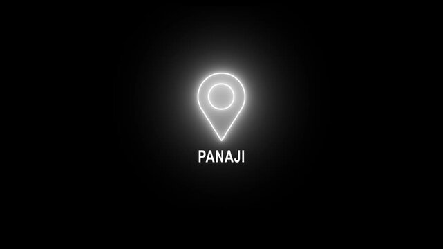 Panaji tex animated video . glowing white location the name of the place with the location has been displayed. Neon Geolocation Marker &ndash; Panaji Highlight GPS location tracking icon, 4k video.