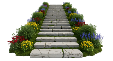 A serene stone staircase surrounded by vibrant flowers and lush greenery on transparent background