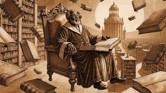 An aged academic immersed in a large tome, depicted in a surreal, sepia-toned scene. Books float around him, set against a backdrop of grand architecture and cityscapes.