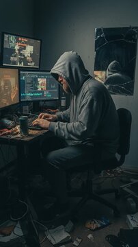 A hacker and internet troll is shadowy and dark figure sitting at computer typing - black hat online user