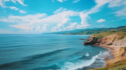 Obraz premium Beautiful blue beach, surrounded by rocks, blue sky, beach scene generative ai
