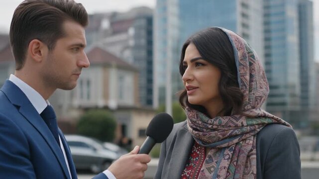 A news reporter is interviewing a subject for the local news broadcast