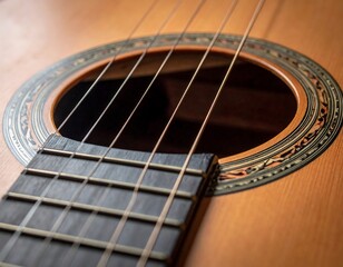 Close-up of acoustic stringed instrument. Focus is on soundhole, strings, and fretboard, displaying details of wood grain and craftsmanship