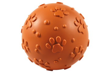 Rubber dog toy with paw prints in orange color on white background for pet supplies