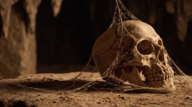 A human skull covered in cobwebs sits on a dusty surface within a dark cave environment
