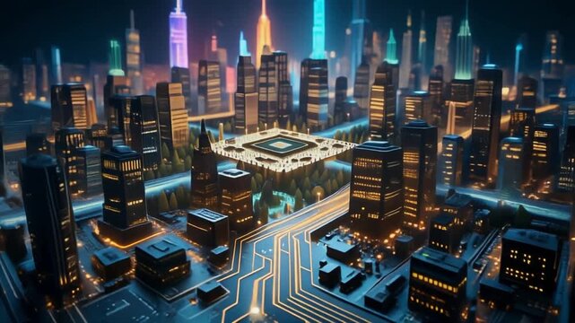 City built on a motherboard - smart city and technology concept with buildings in a downtown made from circuitry and computers