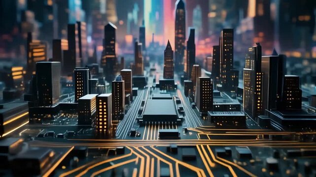 City built on a motherboard - smart city and technology concept with buildings in a downtown made from circuitry and computers