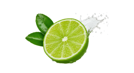 hyper-detailed macro of a fresh key lime half exploding with crystalline juice droplets, frozen mid-air next to wet green leaves on a transparent background, concept for beverage advertising
