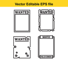  set of four wanted poster templates with unique border designs on white background