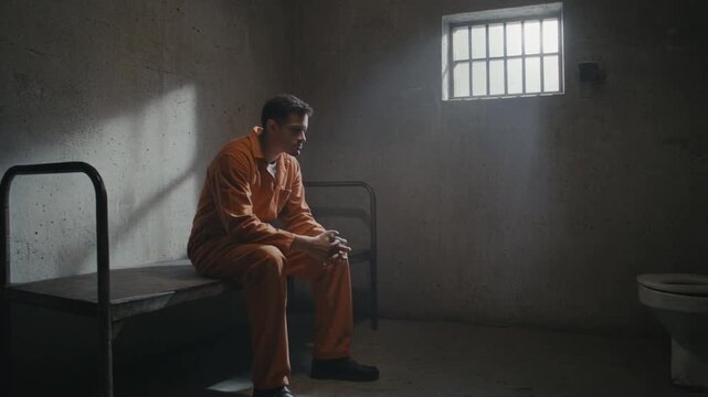 A prison inmate sits patiently in cell awaiting sentence in captivity